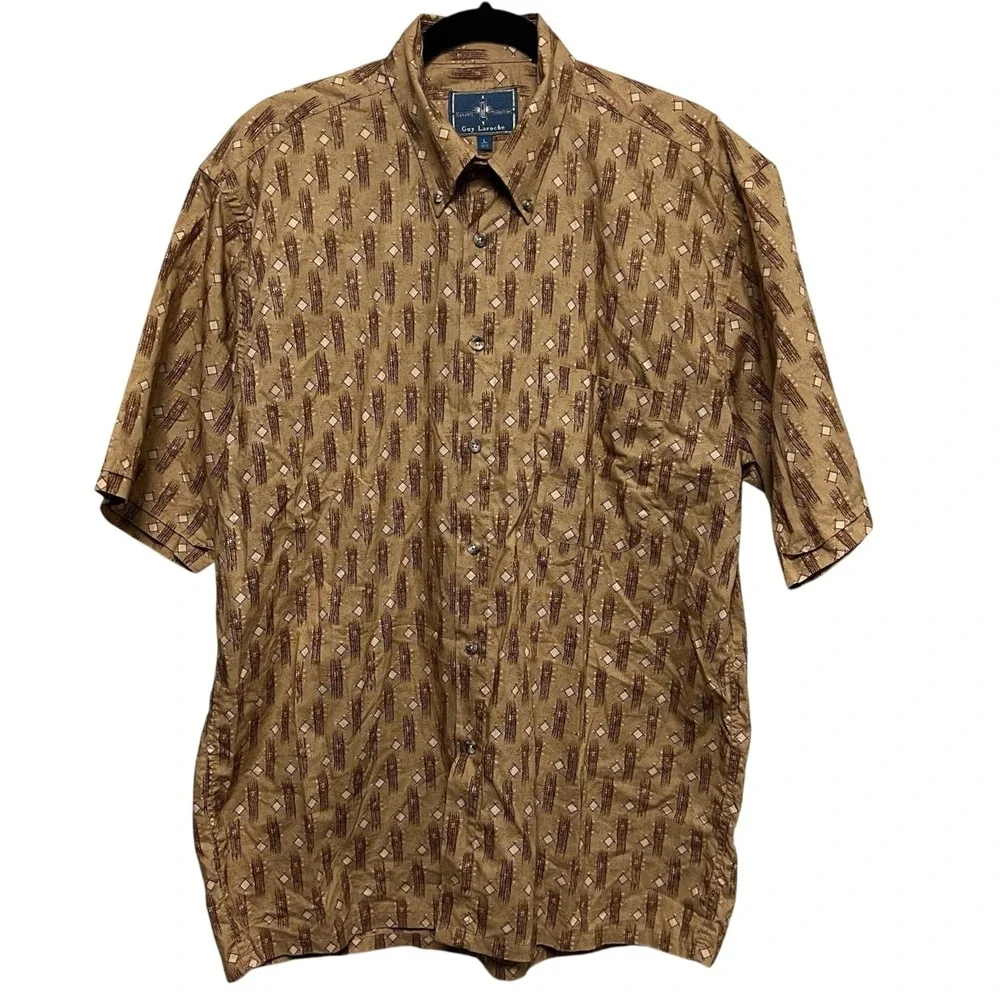 Guy Laroche Men's Shirt Brown L Short Sleeve Button‎ Up Geometric Vintage Retro